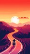 Simple flat design of a solo road trip, motorcycle on a winding road, hills and sunset, freedom theme