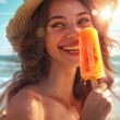 a vibrant summer scene with a joyful young woman holding an orange popsicle, sun-kissed skin