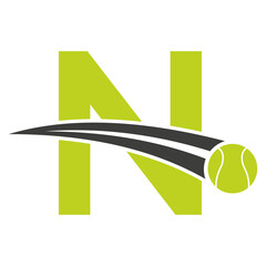 Tennis Logo On Letter N Concept With Moving Tennis Ball Symbol. Tennis Sign