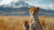 Cheetah cub sits with mother on mound. Generative Ai. 