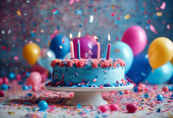 Kerzen vielen ai dem confetti dekoriert rosa Luftballons generativ Tisch Geburtstagstorte blauen birthday cake food pie candle pink sweet decoration dessert blue celebration gift swe