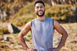 © peopleimages.com - Fitness, happy man and portrait in nature for hiking in morning, adventure or explore outdoor. Trekking, exercise and person with smile for healthy workout, wellness lifestyle or summer fresh air