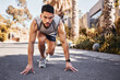 © peopleimages.com - Sport, runner and male person for fitness in outdoors for exercise, training and workout for health. Active, man and athlete with marathon race on track for muscles, wellness and cardio in street