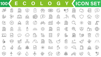 Ecology icon set. Environment, sustainability, nature, recycle, renewable energy; electric bike, eco-friendly, forest, wind power, green symbol. Solid icons vector collection