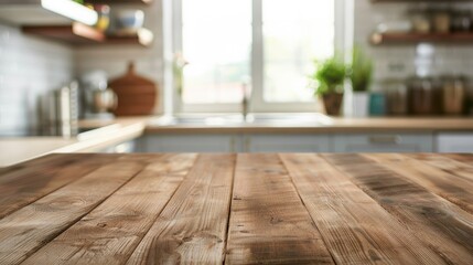 Empty wooden table and blurred background of modern kitchen. Ready for product display montage