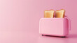 3d render of pink toaster with two toasts inside on pink background