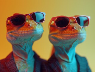 Poster - Two lizard figurines wearing sunglasses and suits with ties. Generative AI.