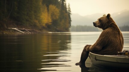 Wall Mural - A bear sitting in a boat on the water with trees behind it. Generative AI.