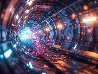Wall Mural - a futuristic looking tunnel with bright lights inside. generative ai.