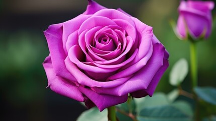 Poster - A close up of a purple rose with green leaves in the background. Generative AI.