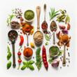 © Natali9yarova - A vibrant composition consisting of a variety of colorful spices, aromatic herbs and various kitchen utensils, elegantly arranged on a pristine white background