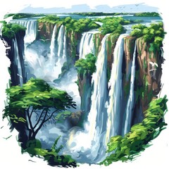 Wall Mural - A painting of a waterfall with a tree in the foreground