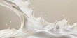 Milk splashes, drops in the air isolated on a beige background. Pouring cream. Creamy wave in a minimalist setting. Soft light, clean design. A splatter of milk. Drink texture ideal for advertising