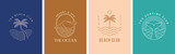 Fototapeta  - Bohemian linear logos, icons and symbols, sea, ocean, beach and surfing. Sun, seashell and palm design templates, geometric abstract design elements for decoration