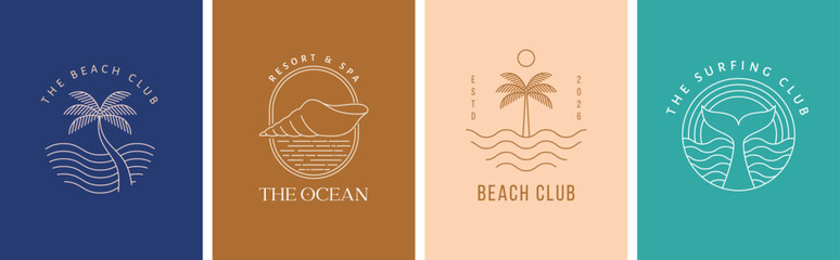 Wall Mural - Bohemian linear logos, icons and symbols, sea, ocean, beach and surfing. Sun, seashell and palm design templates, geometric abstract design elements for decoration