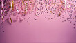 Delicate background pink party confetti streamers carnival celebration copy space decoration festival holiday overhead border streamer birthday anniversary colourful car