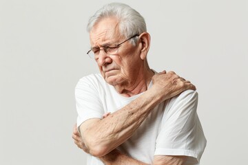 Senior man with shoulder, upper arm pain. Human body health problem banner. Elderly male enduring awful ache. Upset old man with muscle, nerve pain symptom holding hand on painful zone injured point