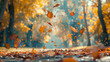Colorful leaves falling in an Autumn forest.


