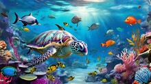 A Turtle And Flowers, In Big Sea.