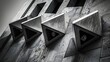 Close up black and white image of a stone building with 3 modern metal decorations in Mainz Germany : Generative AI