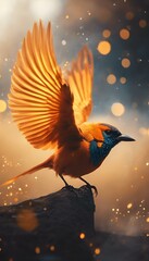 Poster - AI generated illustration of a yellow bird with glowing lights in the backdrop