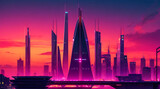 Cyberpunk Futuristic City panorama .Future Fiction with neon signs and lights. Cyberpunk city with futuristic buildings.