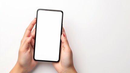 Poster - Female hands holding modern cellphone Close up of woman hands holding smart phone with blank screen Empty smartphone white screen ready for your app to be placed isolated on white back : Generative AI