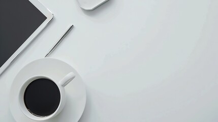 Aufkleber - Modern workplace wot digital tablet cup of coffee and notepad on white table Flat lay Top view : Generative AI