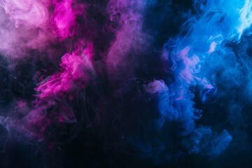 Wall Mural - Multicolored thick smoke, blue and purple neon on a black background.