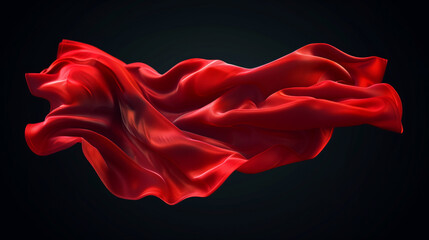 Wall Mural - A red fabric is shown in a black background. The red fabric is flowing and he is in motion. Scene is one of elegance and grace, as the red fabric is draped. silk floating in the air