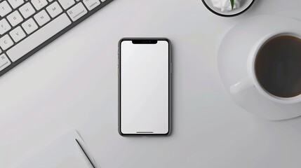 Aufkleber - Flat lay mobile phone with empty screen coffee cup notepad and keyboard on white table Top view with copy space : Generative AI