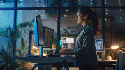 Wall Mural - dedicated female programmer fine-tuning software code at ergonomic standing workstation in contempor