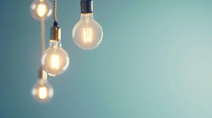 Poster - Hanging light bulbs with glowing one different idea on light blue background  Minimal concept idea  flat lay  top : Generative AI