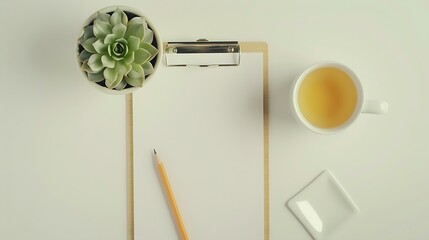 Aufkleber - White desktop with clipboard cup of tea pencil and succulent plant Minimal flat lay top view mockup : Generative AI