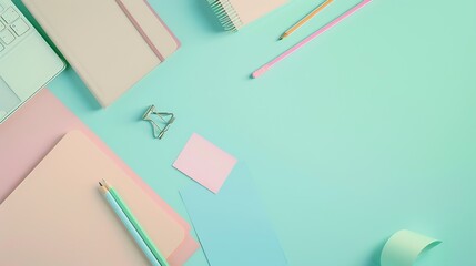 Poster - notebook paper pencil paper clip and sticky note on pastel office desk with copy space : Generative AI