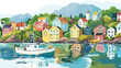 Norwegian landscape panorama. Bay view with buildings