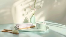 A Pastel Tray In Rectangle Shape With A Flower Vase And A Cotton Pad Placed On Wooden Brush With Towel And Wash Basin Displayed Blank Space For Cosmetic Product Promotion : Generative AI