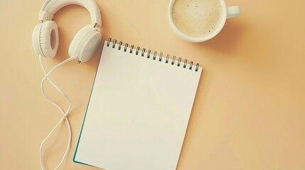 Aufkleber - A blank notepad a cup of coffee and headphones on a beige background Flat lay podcast : Generative AI