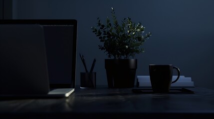 Aufkleber - Desk workspace desk dark workspace with black cup of coffee laptop and plant on dark table : Generative AI