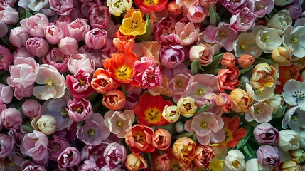 Wall Mural - A stunning display of tulips for Mother s Day showcased from a bird s eye view against a soft light backdrop