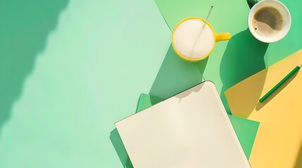 Poster - Creative flat lay photo of workspace desk with stationery coffee and blank notebook with copy space background minimal styled : Generative AI
