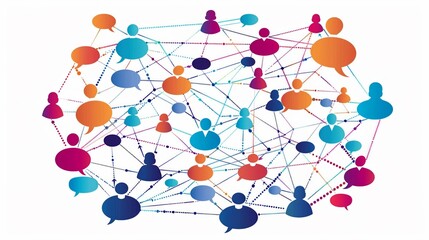 A network of speech bubbles connecting different groups, illustrating the flow of ideas and dialogue essential for effective business communication