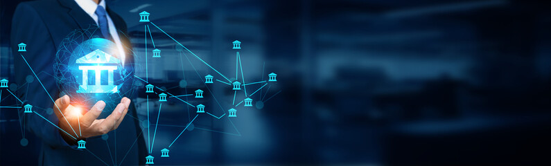 banker holding global structure networking and banking connection, financial transactions, online ba