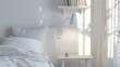 Closeup corner of cozy bedroom in light white colors with bedside table with lamp and shelf next to the bed with linen and a pillow Concept of a calm and concise interior : Generative AI