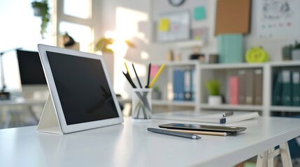 Fototapete - Closeup view of modern office room with blank screen digital tablet with office supplies on white wooden table : Generative AI