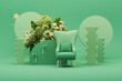 green armchair with colorful flowers on pastel green background. Advertisement idea. Creative composition. 3d render, social media and sale concept	
