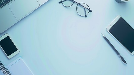 Fototapete - Flat lay photo of office desk with laptop smartphone eyeglasses and notebook with copy space background : Generative AI