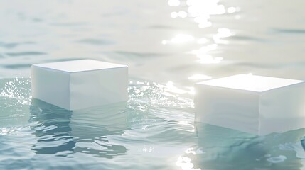 Poster - Two empty clear white square podiums on transparent calm water texture with splashes and waves in sunlight Abstract nature background for product presentation Flat lay cosmetic mockup  : Generative AI