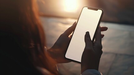 Poster - Mockup image of woman hand using and touching on blank white screen mobile smartphone close up vintage tone : Generative AI
