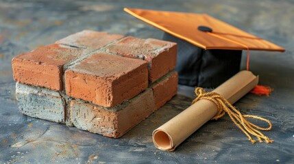 Wall Mural - Labor Day is symbolized by a brick alongside a graduation cap and certificate